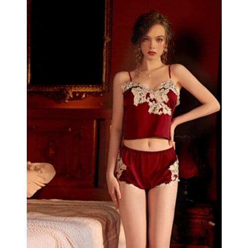 Sexy Short Suit V-neck Elegance Cute Lace Tops and Shorts Sleepweart Lingerie Satin Silk Women Domestic Home Wear Female