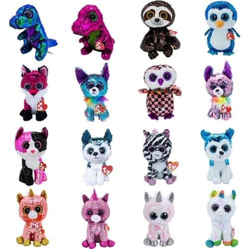 New 15cm Ty Big Eyes Flippables Sequined Stuffed Beanie Plush Animal Soft Cat Owl Fox Dragon Penguin Christmas Holiday Toys
