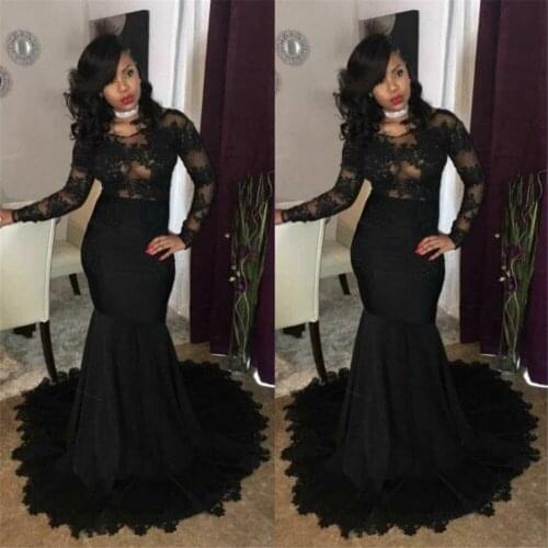 Real Image Black Lace Mermaid Prom Dresses 2020 Sexy Transparent Back Long Sleeve Prom Gowns Elegant Evening Party Dresses