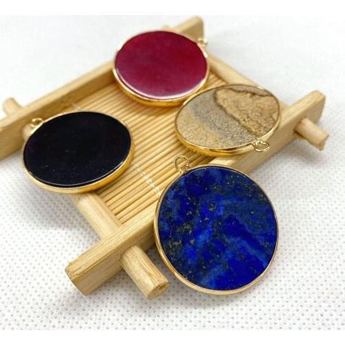 2 Pieces of Natural Stone Pendants Lapis Lazuli Turquoise Round DIY Handmade Colorful Necklace Earrings Pendant Accessories