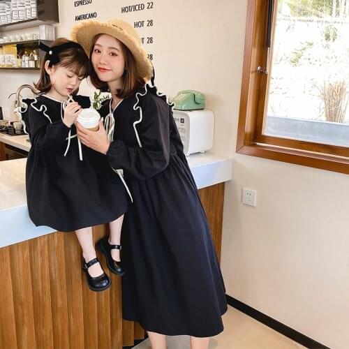 2021 Spring Mother And Daughter Parent-Child Girl Lapel Long Sleeve Loose Dress