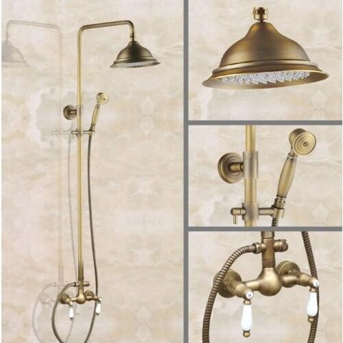 Vintage Retro Antique Brass Wall Mounted Bathroom 8.2" Round Rain Shower Head Faucet Set Dual Ceramic Handles Mixer Tap man111