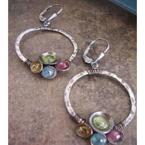 Vintage Antique Silver Color Earrings For Women Wedding Charm Pendant Bohemian Punk Colorful Beaded Round Drop Earings Jewelry