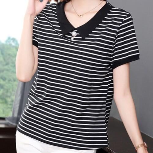 Ropa Mujer Verano Striped V-Neck Korean Fashion Tshirt Women 2021 Short Sleeve Summer Beading T Shirt Kawaii Clothes Tops Femme