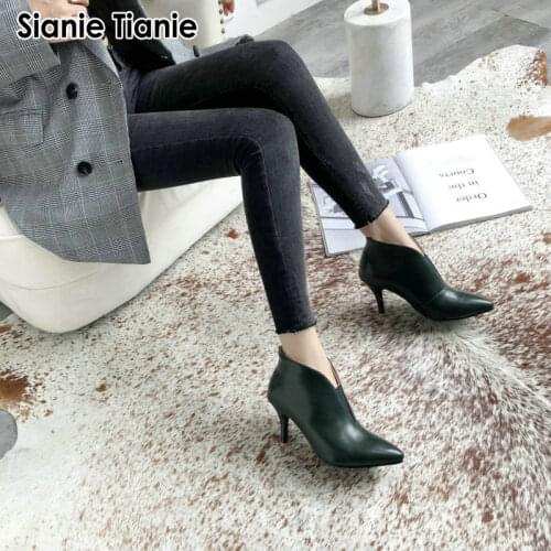 Sianie Tianie Winter Autumn 2020 Spring New V Cut Shape Woman Ankle Boots Thin High Heeled Ladies Shoes Stilettos Women Boots