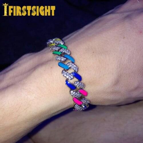 New 11mm Colorful Rhinestonel Miami Dripping Oil Curb Cuban Bracelet Women Hip Hop Thick Silver Color Cuban Link Heavy Bracelets