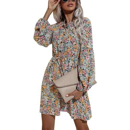 Women Big Hem Short Dress Floral Printed Pattern Stand-up Collar Long Sleeve S/ M/ L/ XL