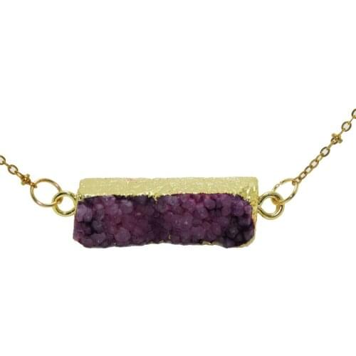 Fashion jewelry natural stone rectangle girl necklace cluster pink raw crystal quartz geode druzy connector chain necklace women