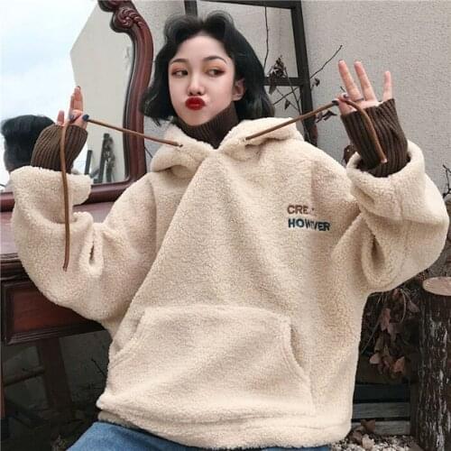 Winter Autumn Fake Two-piece Warm Lamb Wool Hooded Sweatshirts 2021 Knitted Halter Loose Tops Coats Ladies Fashion Genshin Mpact