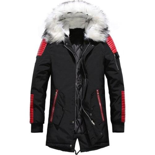 Winter Mens Cotton Jacket Casual Big Fur Collar Warm Jacket Men Casual Thicken Long Coat Mens Outwear Leather Patchwork Jacket