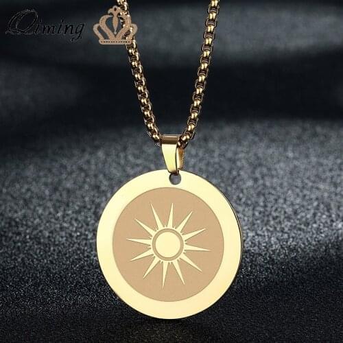 Gold Sunburst Pendant Necklace For Women Circle Round Charm Simple Style Stainless Steel Jewelry Sun Choker Necklace Collier