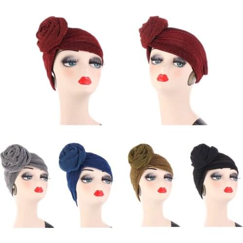 1Pc Elegant Muslim Hat Fashion Big Flower Hijabs Glitter Turban Hat Indian Cap Women Head Wrap Headwear Womens Hat Breathable