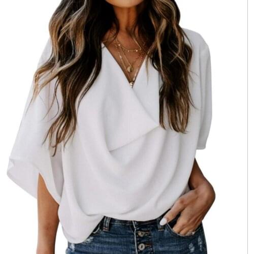 Blusa 2021 New Fashion Summer Women Chiffon Shirt Solid Batwing Sleeve V-neck Tops Casual Loose Short Sleeve Women Blouse 14934