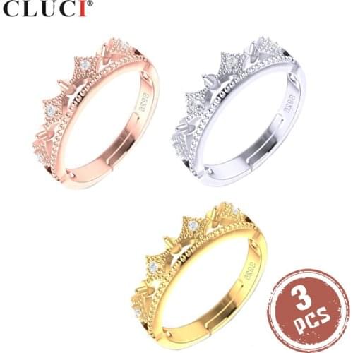 CLUCI 3pcs Silver 925 Women Crown Rings Jewelry Adjustable Pearl Ring Mounting Zircon 925 Silver Open Crown Rings SR2226SB