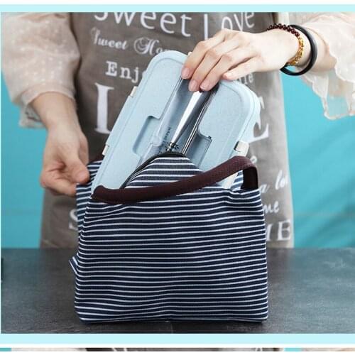 Leisure Women Portable Lunch Bag Canvas Stripe Insulated Cooler Bags Thermal Food Picnic Lunch Bags Kids Lunch Box Bag Tote