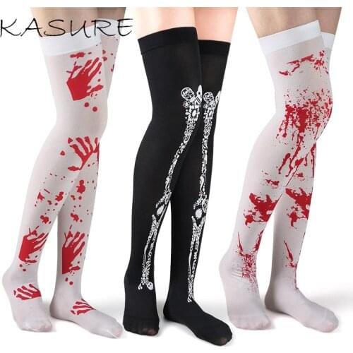 KASURE Halloween Girls Knee High Socks Blood Printed Stockings Over The Knee Thigh Bloody Nurse Sexy Horror Cosplay Stockings