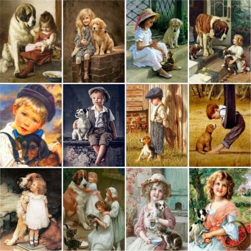 HUACAN Oil Painting Little Boy Drawing On Canvas HandPainted Dog Art Gift DIY Picture By Number Girl Figure Kits Home Decoration