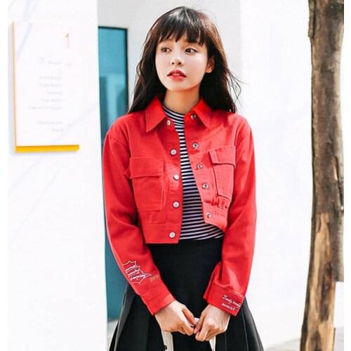 Idopy Cute Women`s Boyfriend Style Denim Jacket Designer Vintage Street Baggy Letters Emboridery Jean Coat Outwear For Female