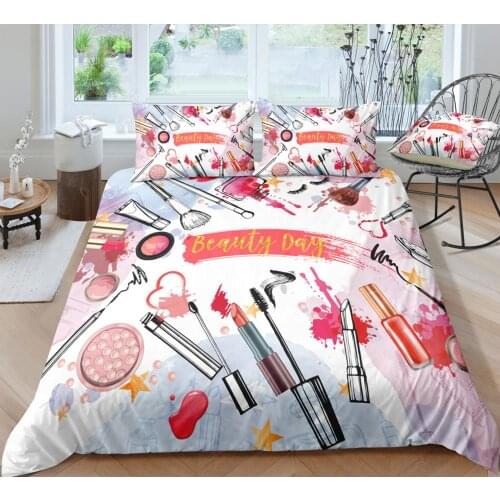 Beauty Series Duvet Cover Sets,Makeup Brush Lipstick Mascara Cosmetics Printing,Girls Women Home Bedroom Decoration Bedding Sets