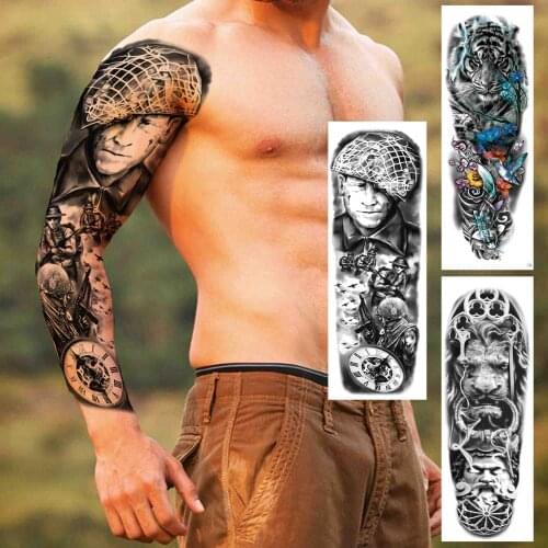 Extra Large Soldier Military Full Arm Tattoo Sticker For Men Adult Compass Temporary Tattoo Sleeve Tiger Lion Black Tatoo Decal