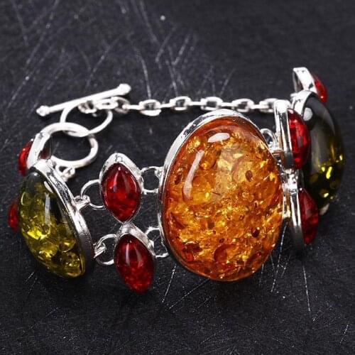 New Fashion Woman Bohemia Oval Simulated Ambers Bracelet Vintage Antique Silver Plated Charming Bracelet Jewelry