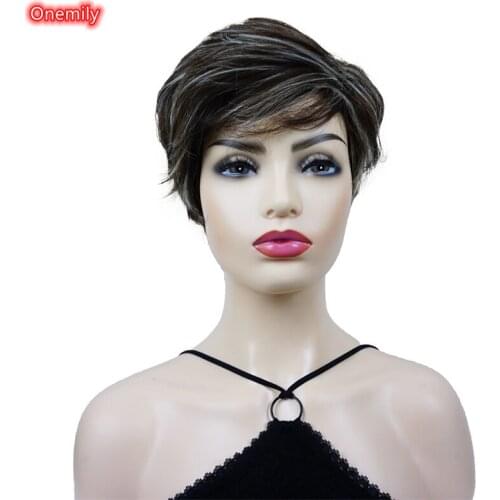 Onemily Short Straight Pixie Cut Hair Women Synthetic Wig Chestnut Brown Blonde Mix
