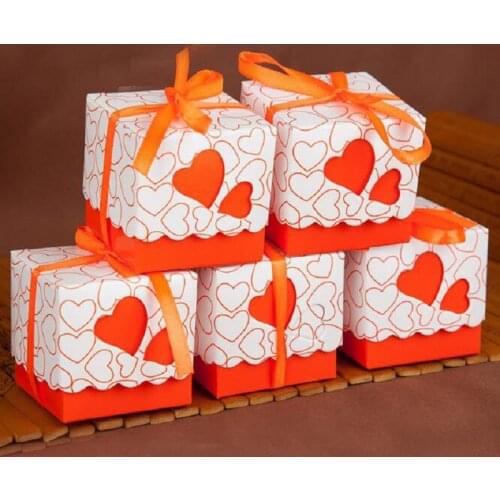 Orange Double Heart Wedding Favor Box gift box candy box wedding box with Ribbon Free Shipping