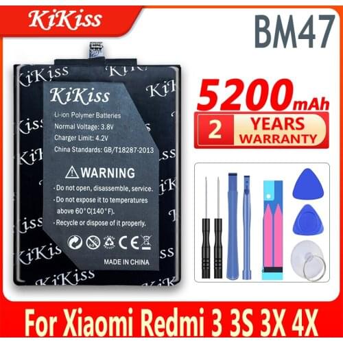 Original KiKiss Battery BM47 Battery For Xiaomi Redmi 3 3S 3X 4X Redmi3 Pro Hongmi Redrice 3 3s Phone Battery 5200mAh Batterie