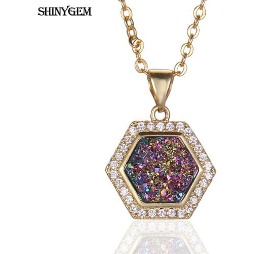 ShinyGem Hexagonal Crystal Pendant Necklaces Gold Plating Link Chain Rhinestone Necklace Natural Druzy Stone Necklaces For Women