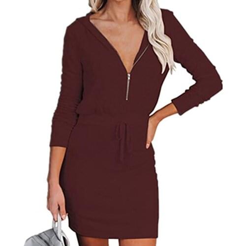 Women Dress Sexy Solid Color Elegant Breathable Long Sleeve V Neck Ladies Casual Slim High Waist Dress 3 Colors Autumn