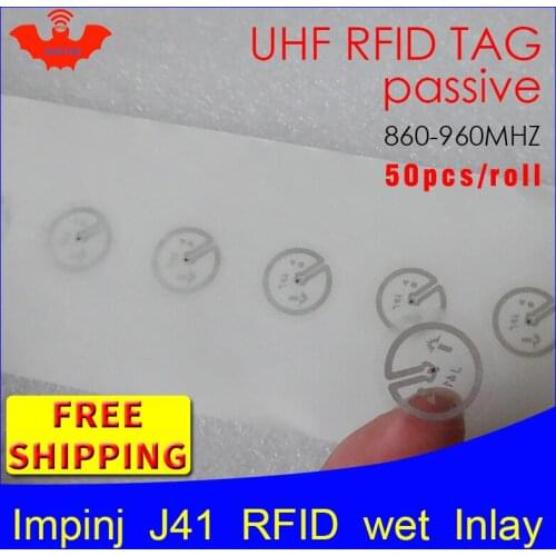 RFID tag UHF sticker Impinj J41 wet inlay 915mhz868mhz 860-960MHZ Higgs3 EPC 6C 50pcs free shipping adhesive passive RFID label