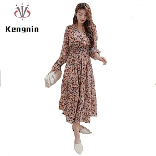 Chiffon Women Dress 2021 Autumn Korean Style Ladies Long Sleeve V-Neck Brand Robe Vintage Print Flower Oversized Dress KE88