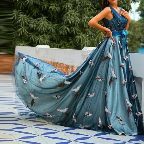 Tromlfz 2021 Vintage Debutante Long Sexy Evening Dresses Women Blue Embroidery V Neck Ball Gown Prom Vestido Engagement Robe