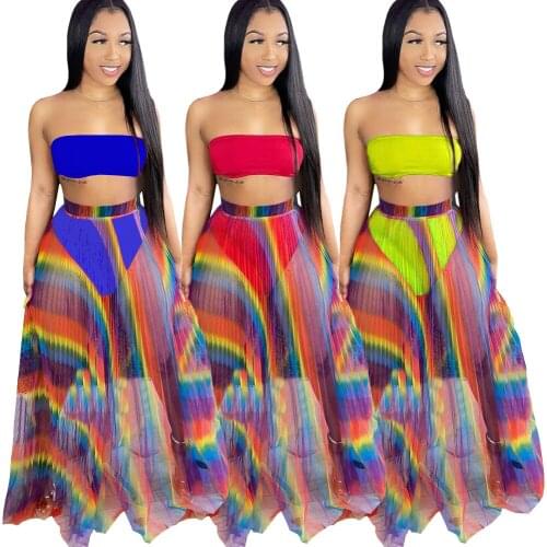 Echoine 3 pieces Color Print Pleated Skirt and Strapless Crop Top Two Piece Set Beach Party Clubwear Summer Outfits Matching Set