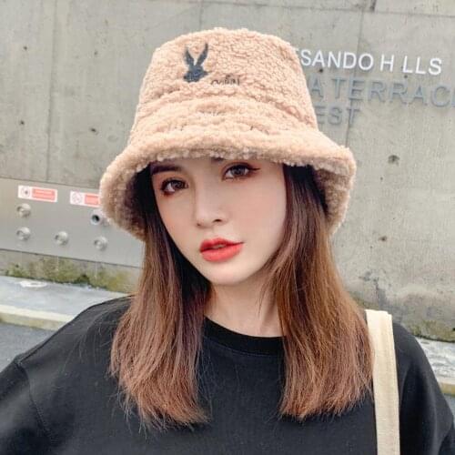 Women Hat Solid Artificial Fur Warm Female Cap Faux Fur Winter Bucket Hat for Women Outdoor Embroidery Rabbit Hat Panama Lady
