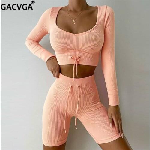 GACVGA Long Sleeve Shorts Suits 2021 Women Crop Top And Elastic Waist Shorts Sets Streetwear Sport Two Piecs Set Summer Tops