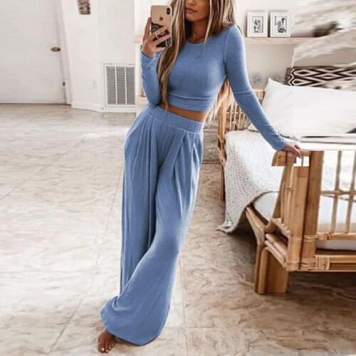 Women Casual Knitted Rib Two-Piece Sets 2021 Autumn Ladies Long Sleeves Tops&Long Pants Fashion O-Neck Solid Color Leisure Suit