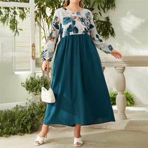 5XL Plus Size Trapeze Dress Woman 2021 Autumn Long Sleeve Dress High Waist Floral Print Patchwork Elegant Maxi Long Dresses