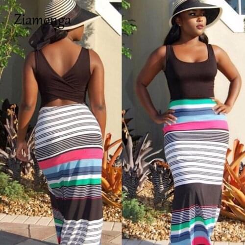 Ziamonga Colorful Striped Print Summer Dress 2019 New Women Backless Sleeveless Bandage Beach Dress O-Neck Maxi Bohemian Dress