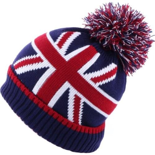 Winter Beanie Hat Warm Crochet Plush Baggy Wool Knitted Pompom Skullies Ball Stripe UK British Flag Slouchy Velvet Snow Ski Cap