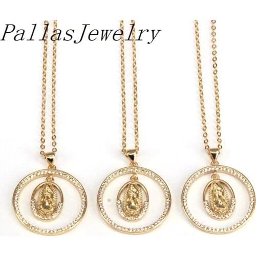 10Pcs Gold Color Mary in Round Pendant Necklaces For Women Religion CZ Zircon Pave Necklace Jewelry