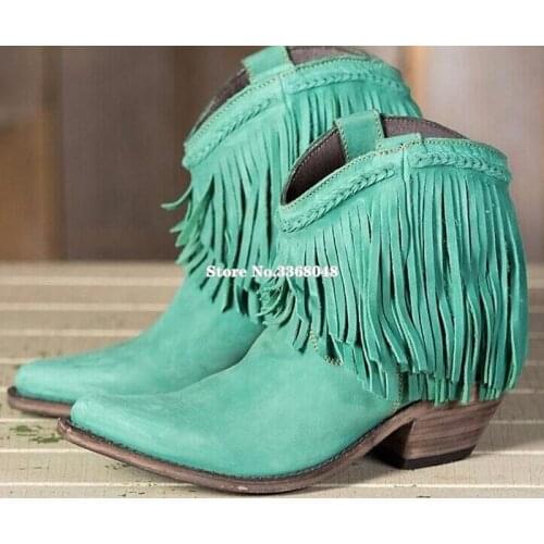 2019 Sky Blue Fringed Low Chunky Heels Ankle Boots For Woman Sexy Pointed Toe Knight Tassels Boots Woman Casual Dress Shoes