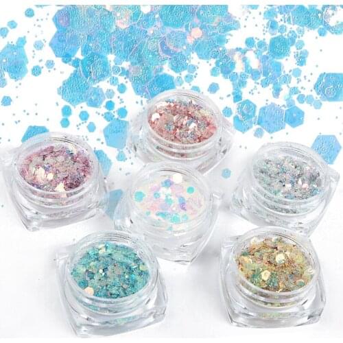 6pcs Hexagon Shape Nail Art Chunky Glitter Sparkly Iridescent Mirror Sequins For Nail Design Chameleon Flakes Nails Accessories