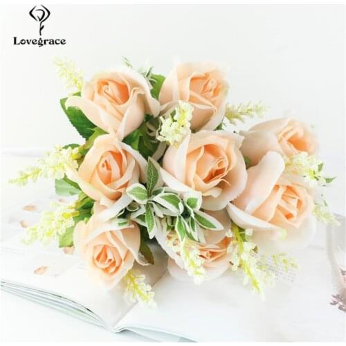 8 Heads/Bouquet Champagne Wedding Bouquet Bridesmaid Bridal Bouquet Artificial Roses Fake Flower for Home Wedding Decoration
