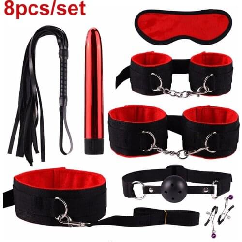 8pcs/set Sex Handcuffs Footcuff Whip Vibrator Nipple Clip Blindfold Sex BDSM Bondage Kit Adult Games Set Sex Toys for Couples
