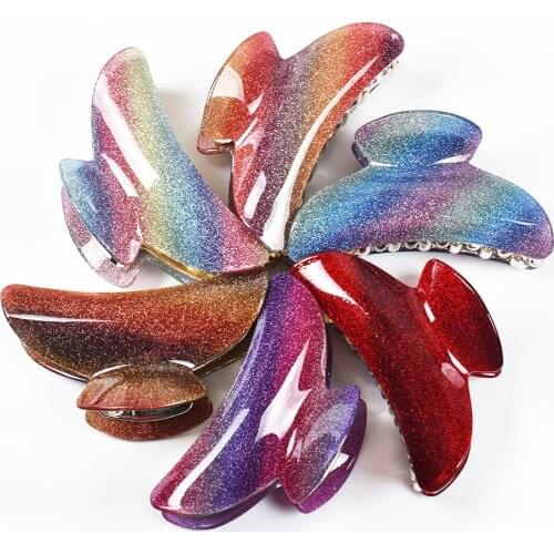 9cm Large Glitter Rainbow Acrylic Women Hair Claws Crab Clamps Simple Female Hair Clips Retro Make up Hairdress Styling Tool