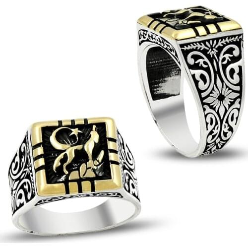 925 Silver Moon Star and Wolf Printed Rings for Nationalist