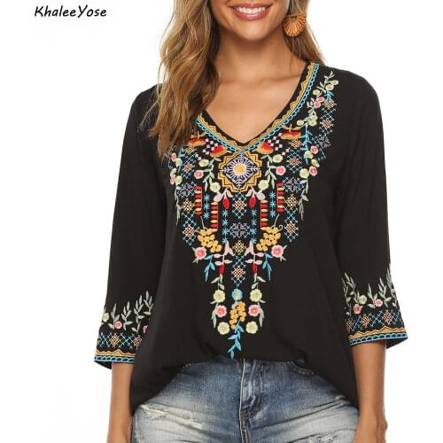 KHALEE YOSE Boho Floral Embroidery Mexican Blouse Shirts Vintage Chic Autumn Blouse Plus Size 2xl 3xl Ethnic Hippie Shirt Blouse
