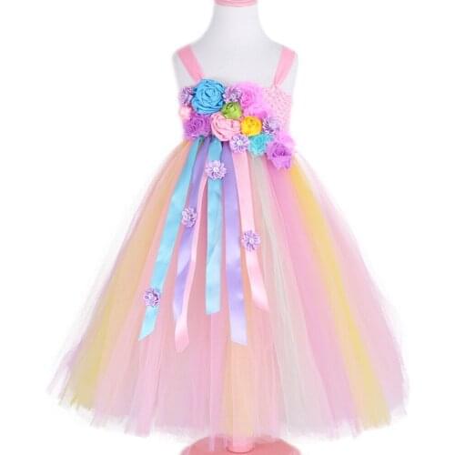 Flower Girls Unicorn Tutu Dress Pastel Rainbow Princess Girls Birthday Party Dress Children Kids Halloween Unicorn Costume 1-10Y