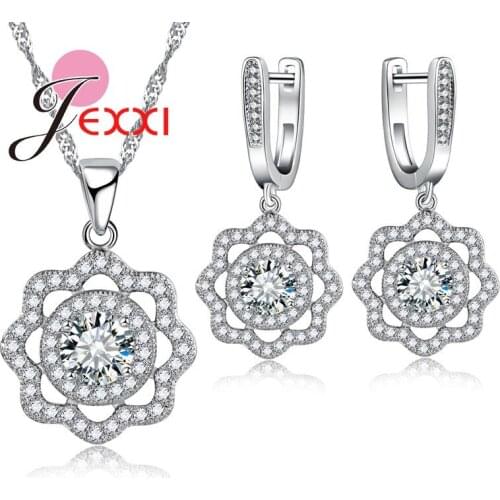 Elegant Bridal Wedding Jewelry Sets 925 Sterling Silver Cubic Zirconia Stone Flower Pendant Necklace Earrings Bijoux